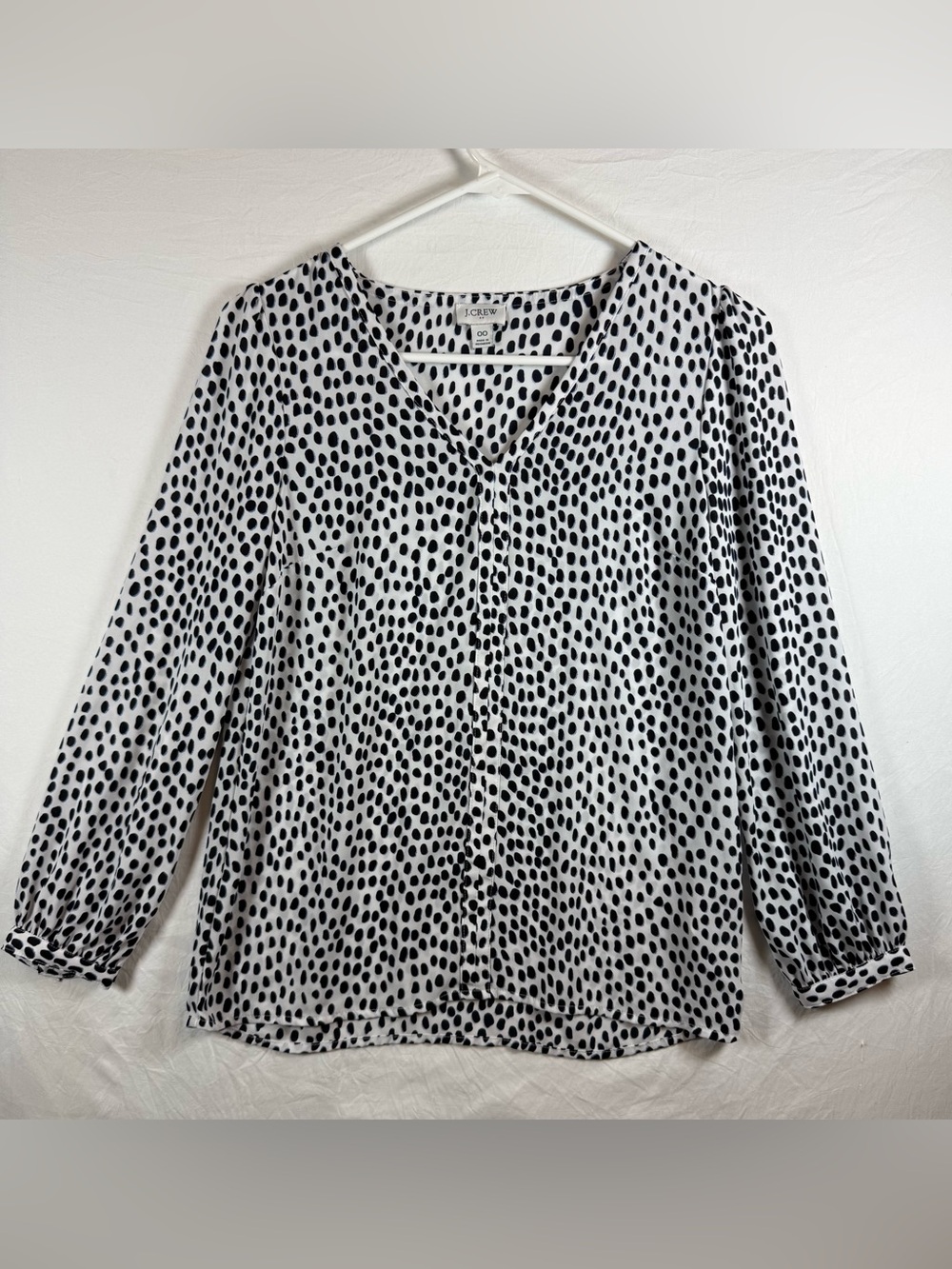 J.Crew Black White Polka Dot V-Neck Blouse Long Sleeve Size 00 - Picture 1 of 7
